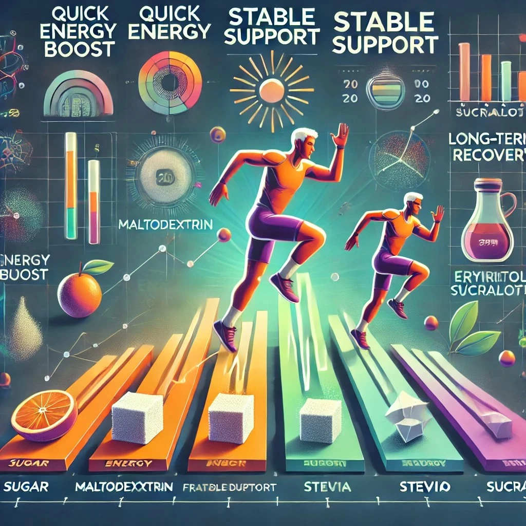 На изображении представлена инфографика, разделённая на три ключевые секции, отражающие влияние различных подсластителей на энергию и выносливость