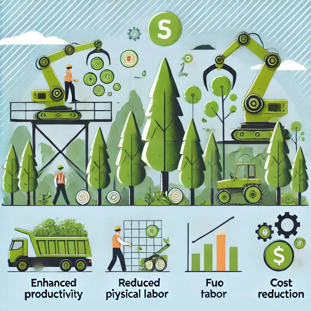 На изображении представлены ключевые преимущества роботизированных систем в лесозаготовке, разделенные на четыре секции: Повышение производительности, Минимизация физического труда, Экологичность, Снижение затрат