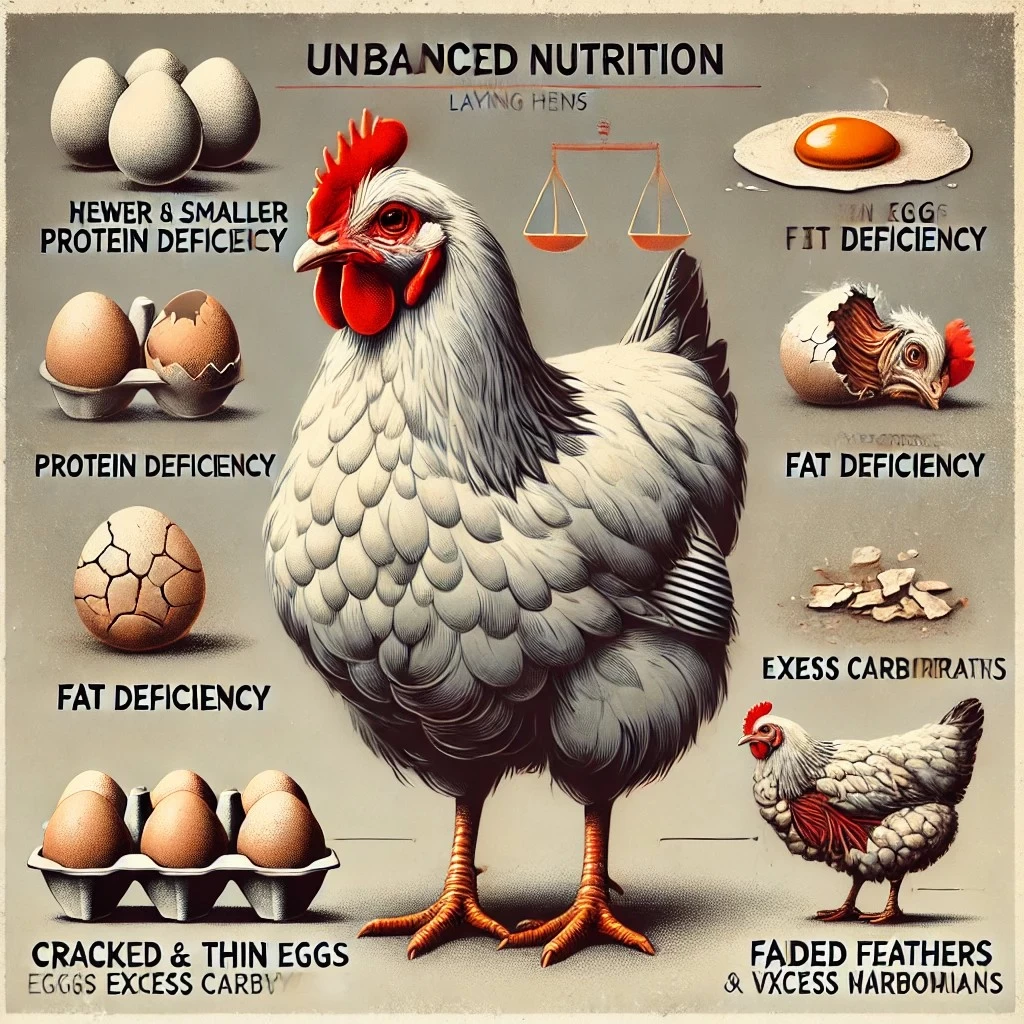 изображение, демонстрирующее последствия несбалансированного питания для кур-несушек.