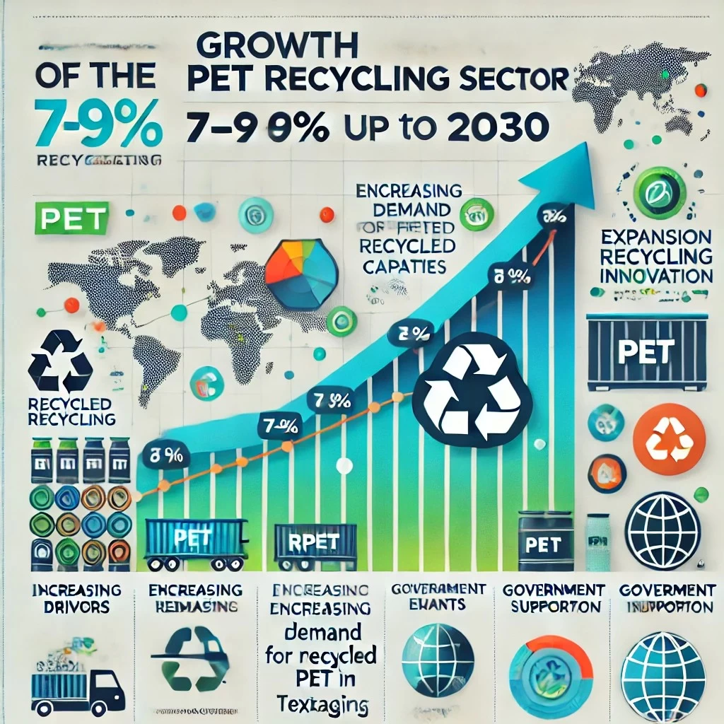 изображение, отражающее прогнозы роста сектора переработки ПЭТ, включая ключевые драйверы роста и перспективы до 2030 года.