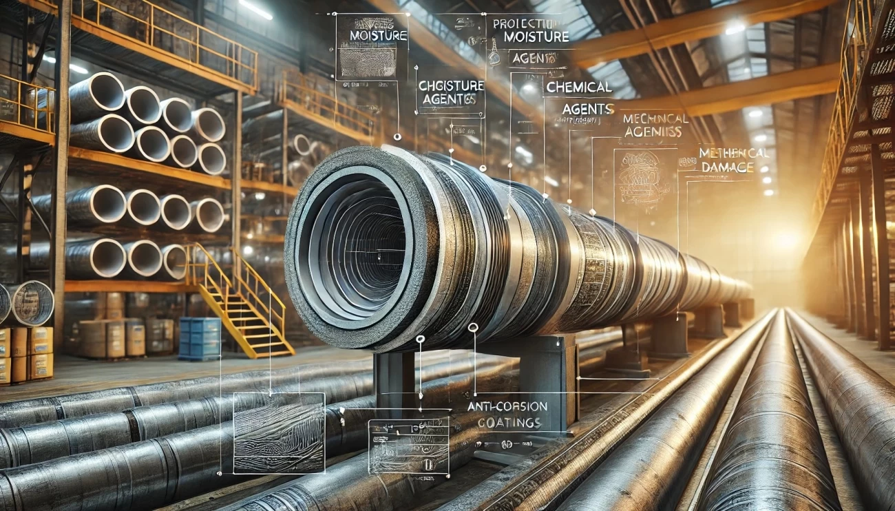 На изображении представлены стальные трубы с антикоррозийными покрытиями в промышленной среде