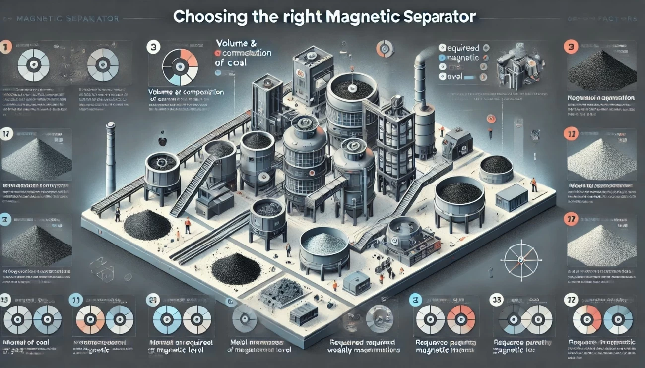 изображение, иллюстрирующее ключевые факторы выбора правильного магнитного сепаратора. Оно включает в себя маркированные характеристики и значки, представляющие технические и экономические соображения для эффективного выбора оборудования.