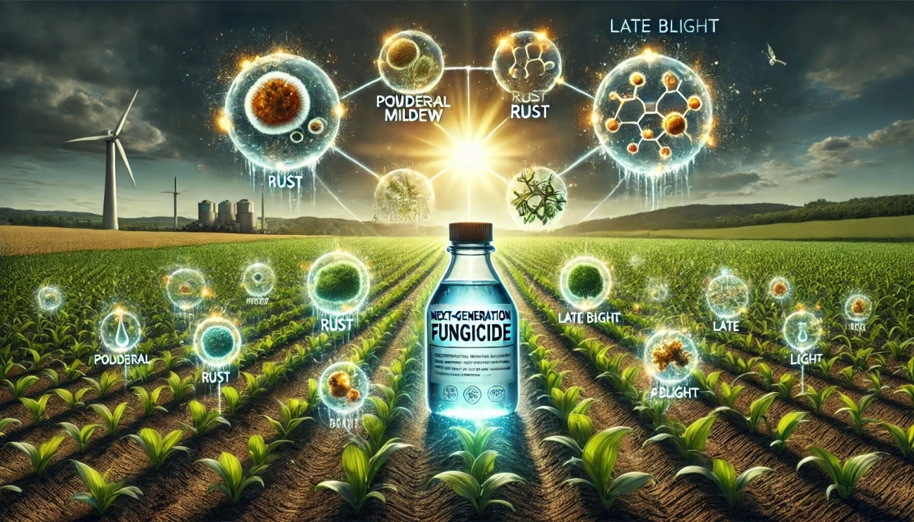 На изображении символически показано использование фунгицидов нового поколения для борьбы с грибковыми заболеваниями растений
