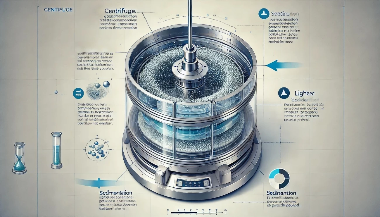 иллюстрация, демонстрирующая физические процессы, происходящие в центрифуге, включая эффекты центробежного ускорения, седиментации и роль скорости вращения в разделении материалов разного размера.
