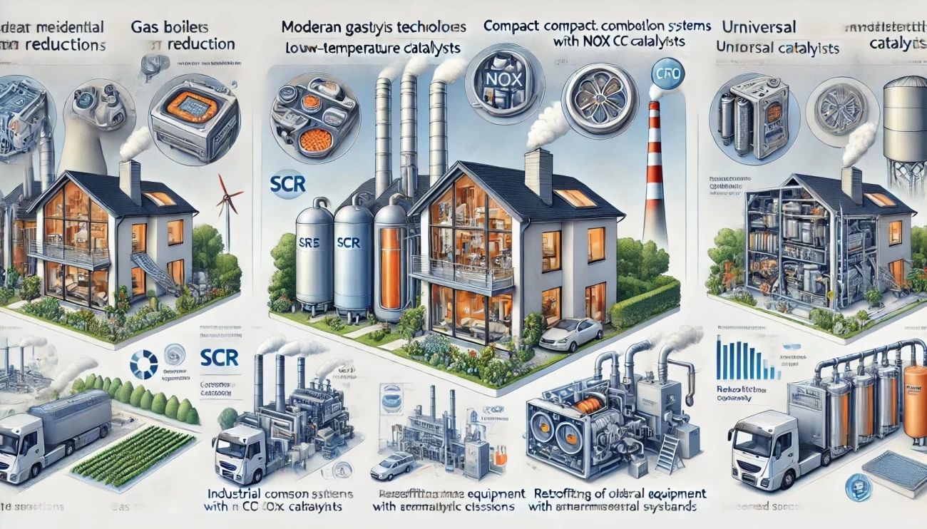 На изображении представлены три практических кейса применения современных каталитических технологий: бытовые газовые котлы с компактными системами SCR, промышленные системы сжигания с универсальными катализаторами и модернизация старого оборудования.