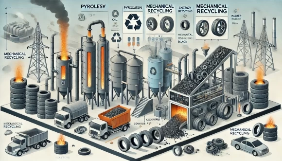 изображение, иллюстрирующее переработку шин двумя методами: пиролиз и механическая переработка