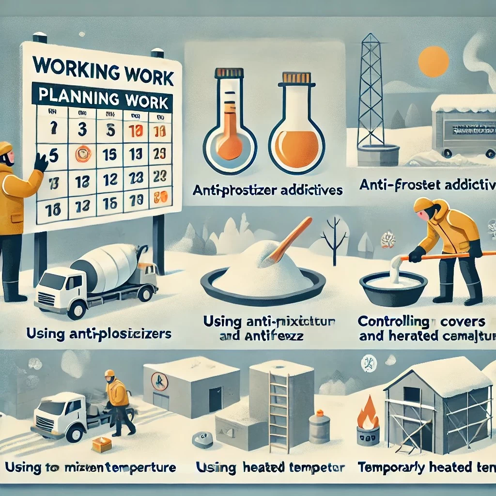 иллюстрация с основными советами по работе с бетоном при морозе. 