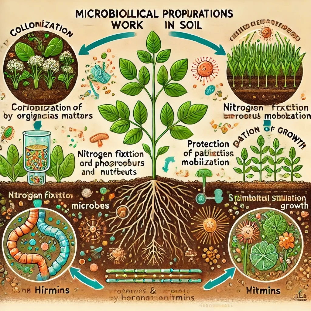 иллюстрация, показывающая, как работают микробиологические препараты в почве.
