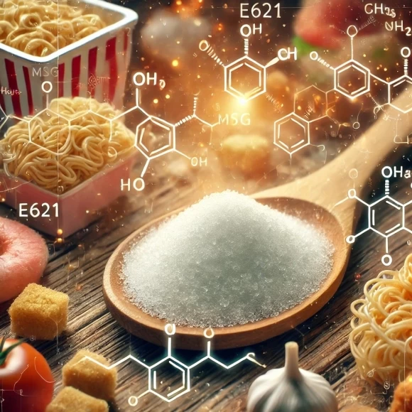 изображение, иллюстрирующее глутамат натрия (Е621) с научной и кулинарной точки зрения.