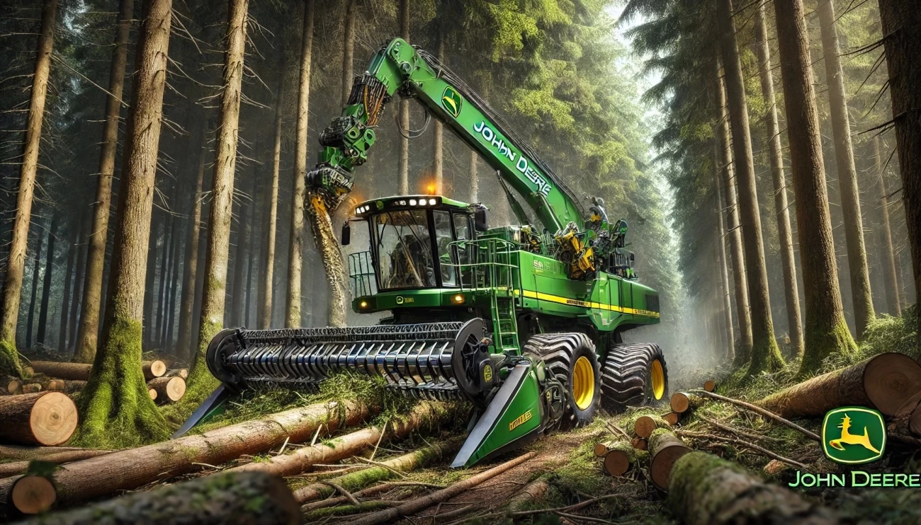 изображение лесозаготовительного комбайна John Deere H215E, работающего в густом лесу. 