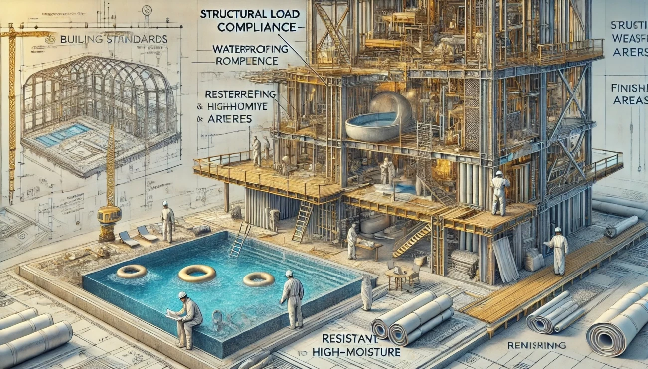 изображение, иллюстрирующее строительные стандарты для помещений с повышенной влажностью, включая нагрузки на несущие конструкции, гидроизоляцию и устойчивые к температурным перепадам материалы.