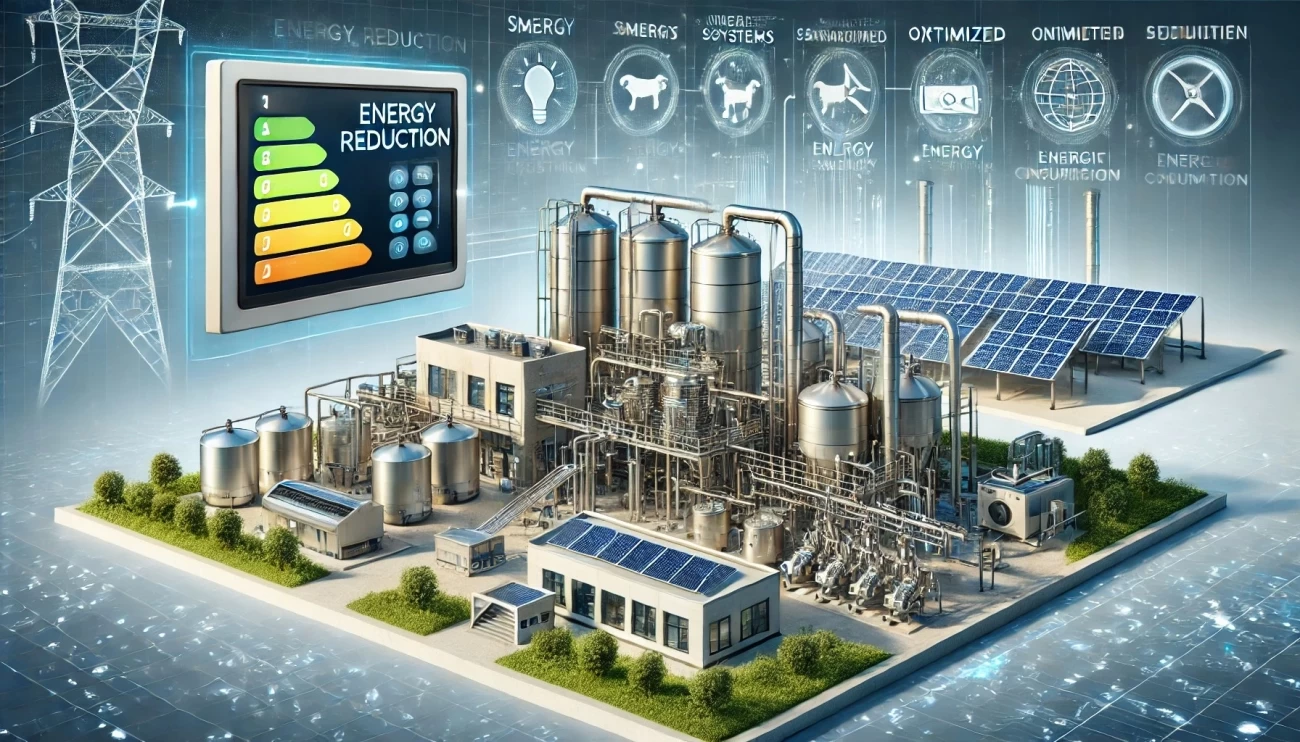 Изображение, демонстрирующее современные технологии снижения энергопотребления на молочных производствах. Оно подчеркивает использование энергоэффективного оборудования и возобновляемых источников энергии для снижения затрат без ущерба для производительности.