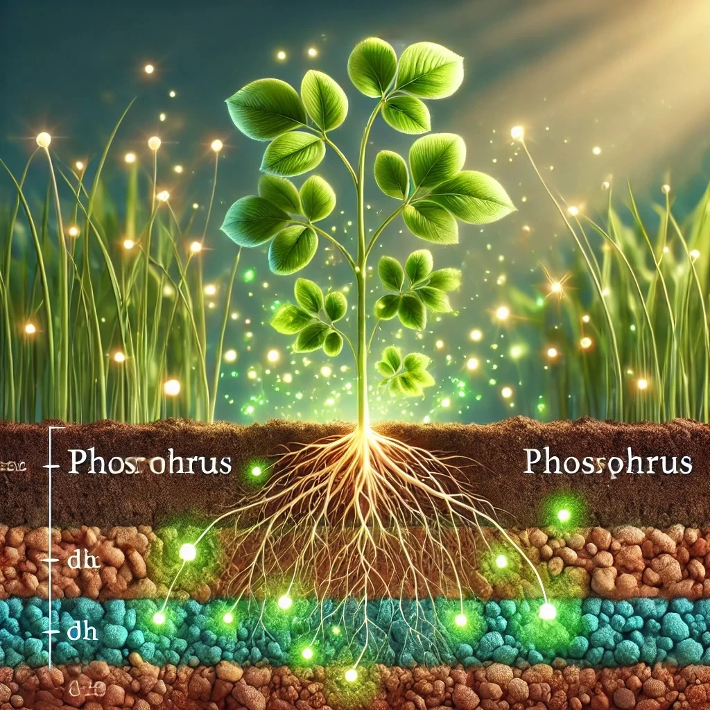 изображение, иллюстрирующее важную роль фосфора в росте растений, демонстрирующее растение с живой, хорошо развитой корневой системой, поглощающей питательные вещества из богатой фосфором почвы.
