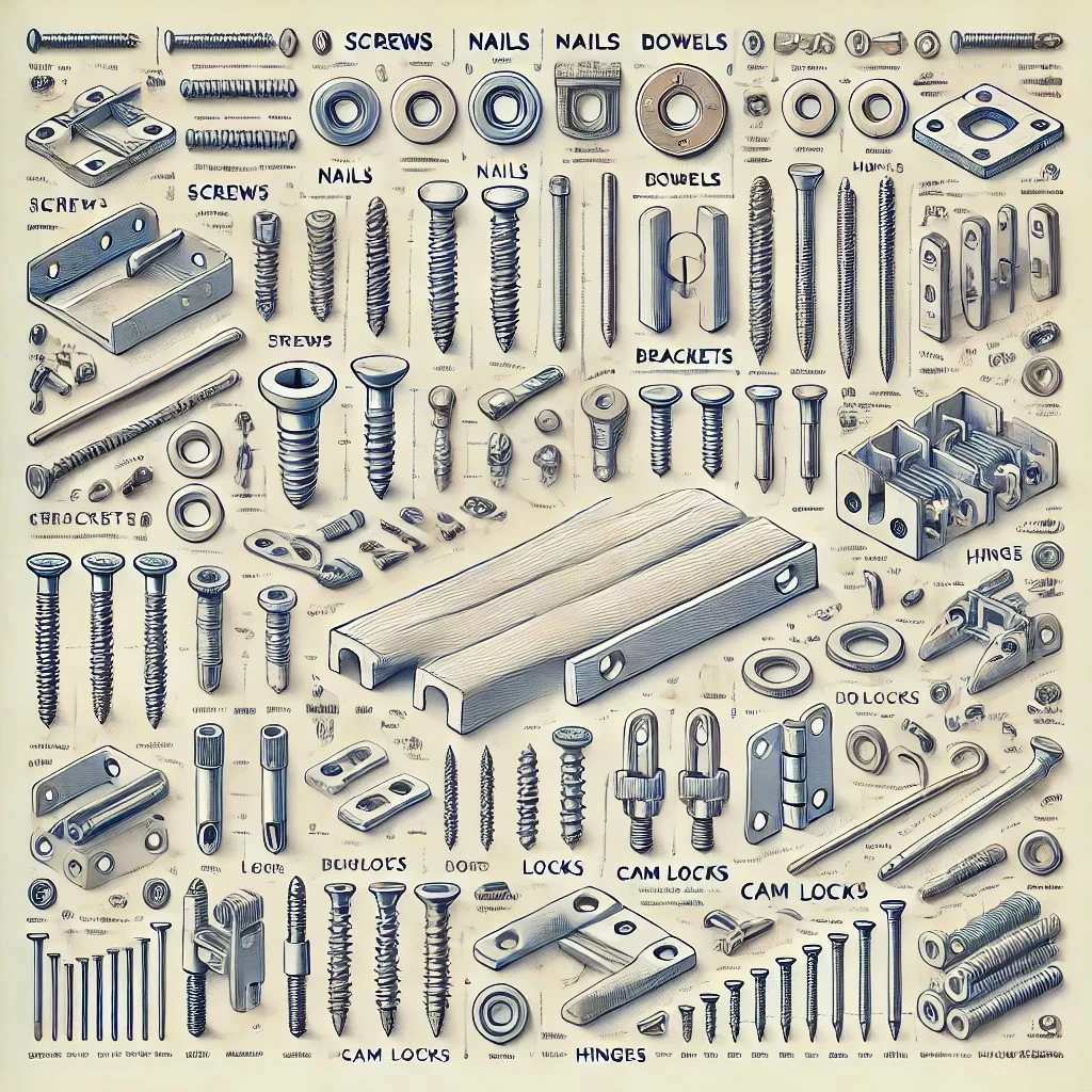 изображение с основными видами крепежа для мебели, включая винты, гвозди, уголки, шканты, эксцентрики и петли. Все элементы аккуратно упорядочены и подписаны для удобства