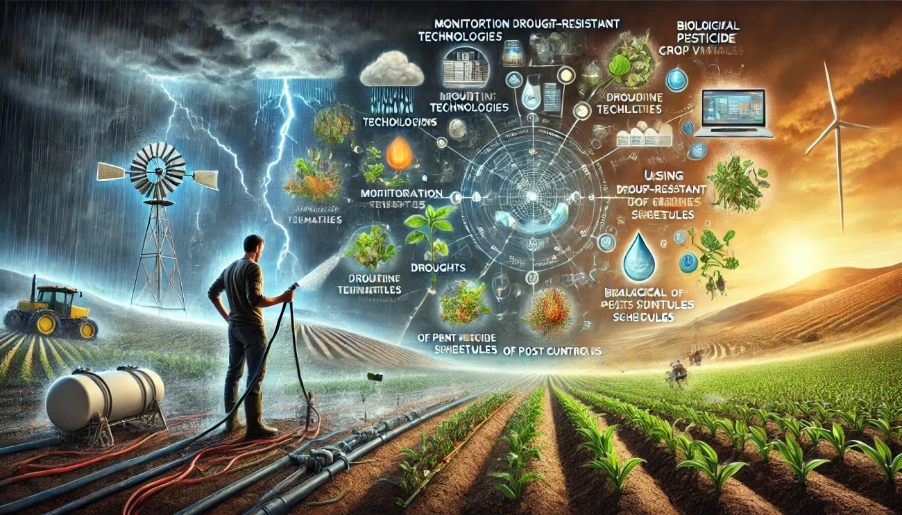 Изображение, иллюстрирующее адаптацию систем защиты растений к экстремальным погодным условиям, вызванным изменениями климата. Оно подчеркивает использование устойчивых сортов, гибкие схемы применения пестицидов и оптимизацию водных ресурсов.