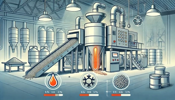 иллюстрация гранулятора полимеров в действии, подчеркивающая как переработку материалов в гранулы, так и проблему перегрева с тепловыми сигналами на машине