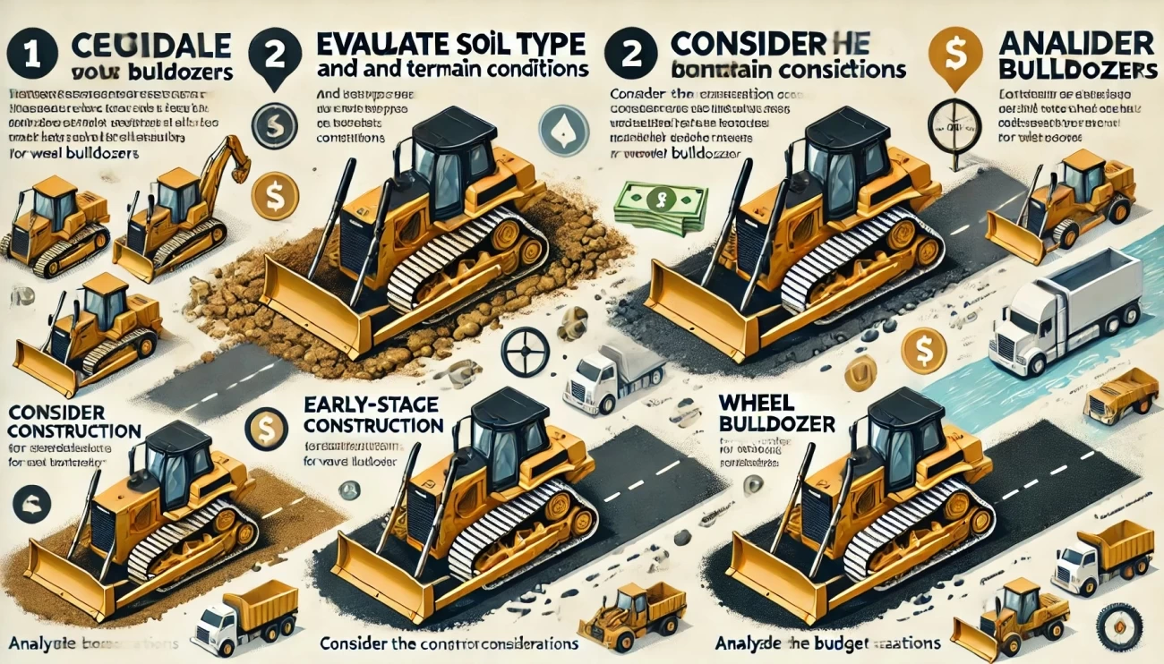 На изображении представлена инфографика, иллюстрирующая три практических рекомендации по выбору между колесным и гусеничным бульдозером для дорожного строительства