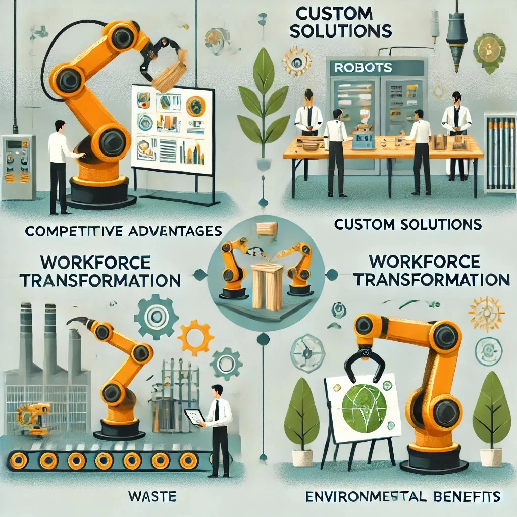 иллюстрация, показывающая влияние роботизации на отрасль, включая конкурентные преимущества, индивидуальные решения, изменения на рынке труда и экологические аспекты.