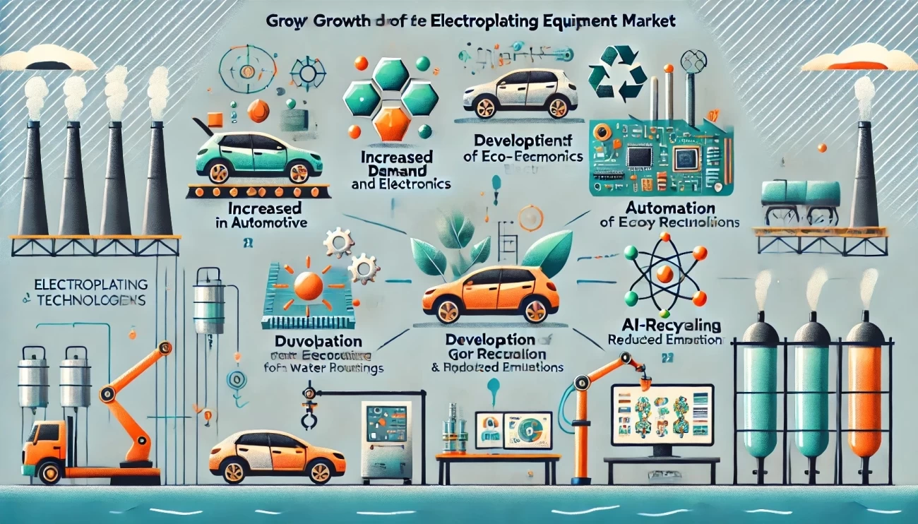 инфографика, иллюстрирующая ключевые драйверы роста рынка гальванического оборудования. Она включает визуализацию роста спроса в автомобилестроении и электронике, развитие экологически чистых технологий, автоматизацию процессов, потребность в специализированных покрытиях и расширение гальваники в 3D-печати.