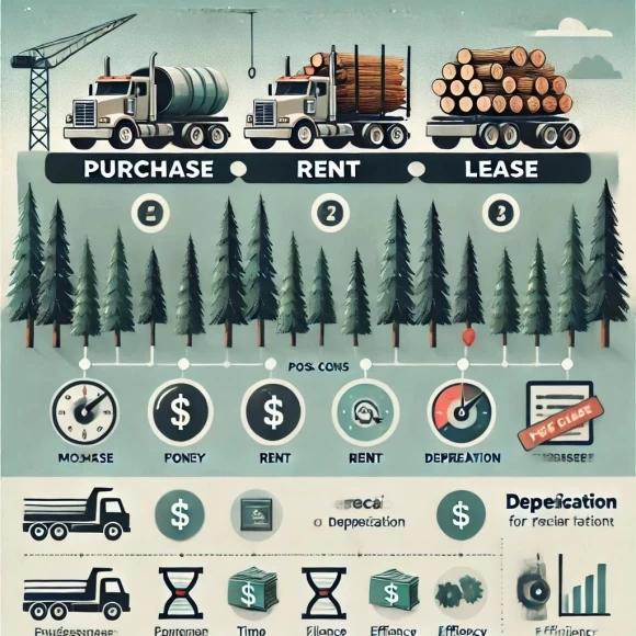 инфографика, иллюстрирующая варианты финансирования лесовоза — покупка, аренда и лизинг — с организованным макетом, который подчеркивает плюсы и минусы каждого варианта. Фоновая сцена лесного хозяйства и значки для затрат, времени, амортизации и эффективности помогают подчеркнуть ключевые факторы принятия решений.