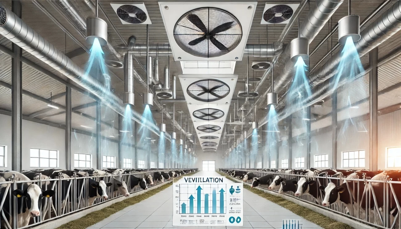 На изображении показана современная ферма с системой вентиляции: потолочные вентиляторы и трубы равномерно распределяют свежий воздух. В помещении комфортно размещены коровы, на стенах установлены сенсоры для контроля микроклимата. Стрелки воздушных потоков показывают эффективную циркуляцию воздуха.