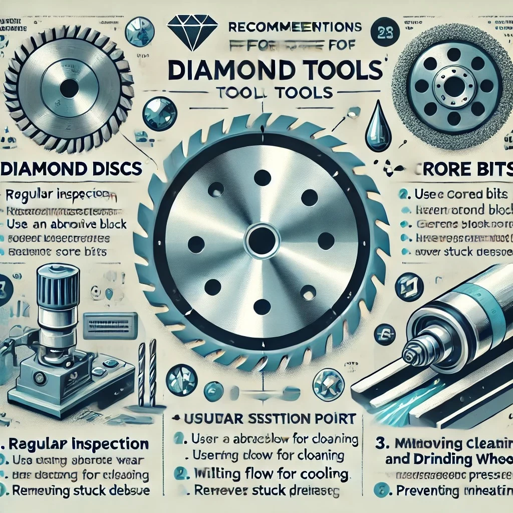 инфографика с рекомендациями по уходу за разными типами алмазного инструмента. Она включает советы по проверке, очистке и охлаждению для дисков, буровых коронок и шлифовальных инструментов.