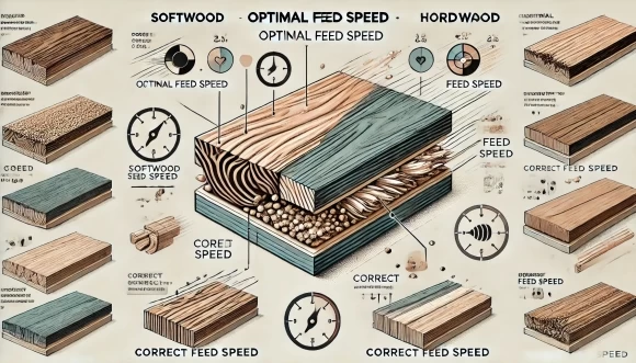 иллюстрация, показывающая важность выбора правильной скорости подачи для деревообработки. Она включает контрастные примеры обработки деревянных поверхностей на разных скоростях подачи, чтобы продемонстрировать, как скорость подачи влияет на качество отделки. 
