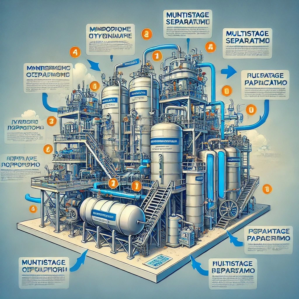 изображение многоступенчатых установок сепарации с основными компонентами и рабочим процессом