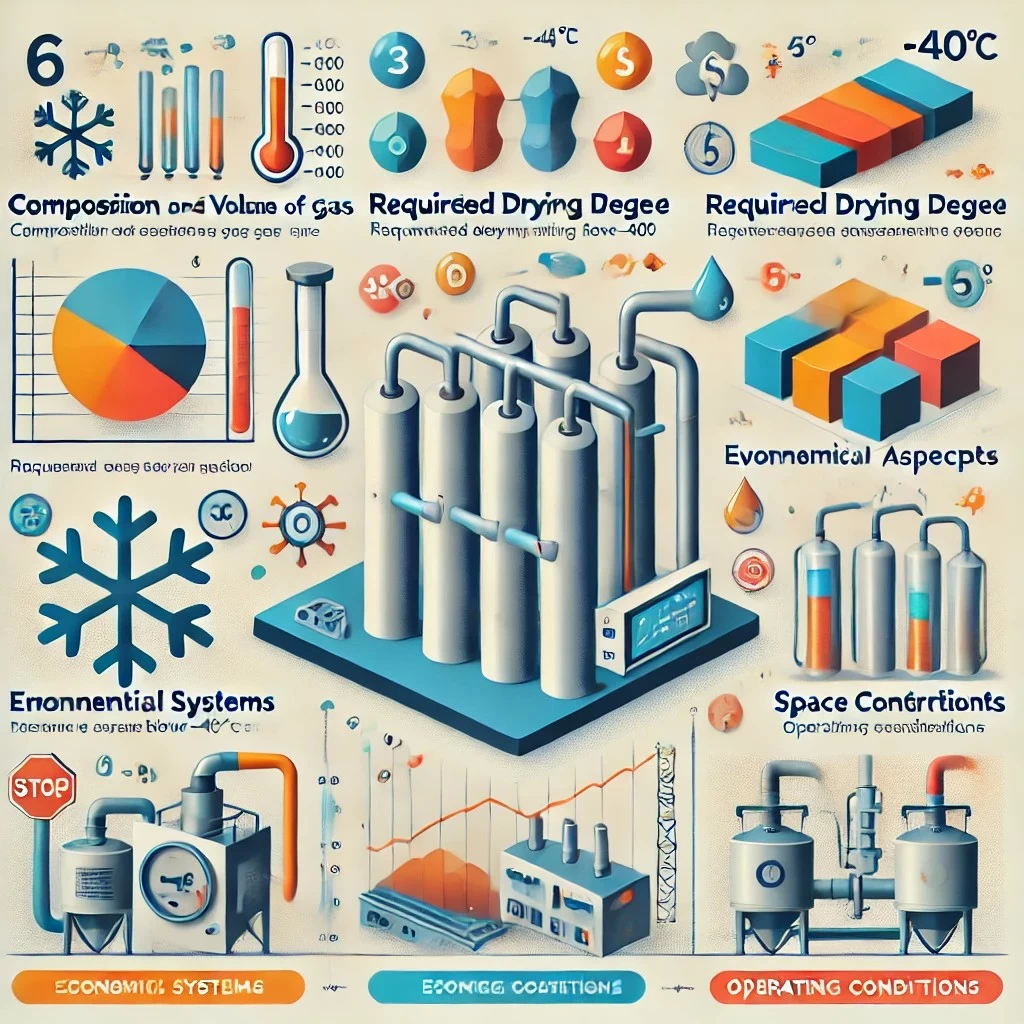 На изображении представлена инфографика, которая иллюстрирует ключевые факторы выбора метода осушки газа для промышленного применения. Она содержит шесть основных пунктов с соответствующими визуальными элементами