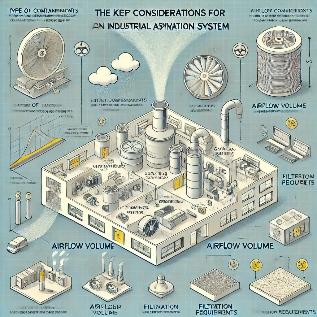 Изображение иллюстрирует ключевые аспекты определения параметров системы аспирации: тип загрязнений, объем воздушного потока, особенности помещения и требования к фильтрации