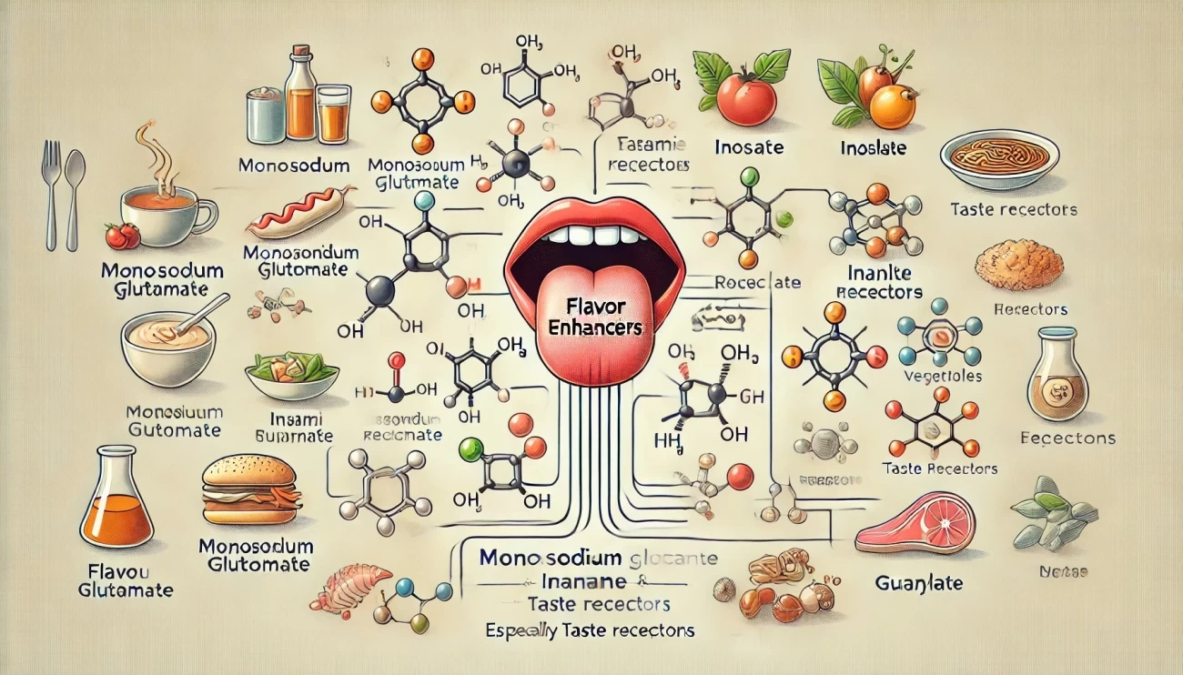 иллюстрация, представляющая ключевые молекулы усилителей вкуса — глутамат натрия, инозинат и гуанилат — вместе с их взаимодействием с рецепторами вкуса, особенно умами. Также изображены типичные продукты, где используются эти усилители. 