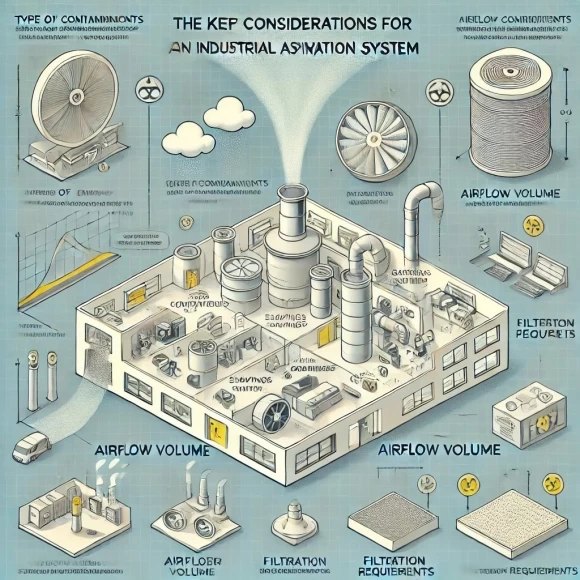 Изображение иллюстрирует ключевые аспекты определения параметров системы аспирации: тип загрязнений, объем воздушного потока, особенности помещения и требования к фильтрации