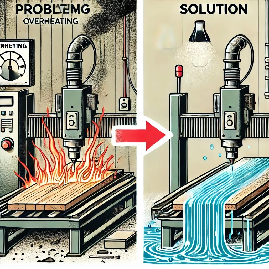 изображение, иллюстрирующее проблему недостаточного охлаждения и ее решение в промышленной среде резки. 