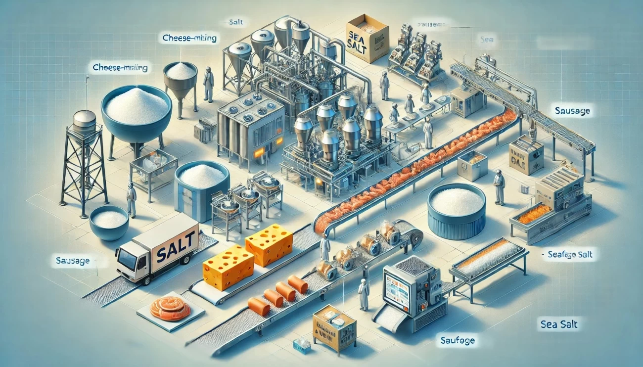 Изображение демонстрирует роль соли в современной пищевой промышленности, включая производственные линии для сыра, колбас и морепродуктов.