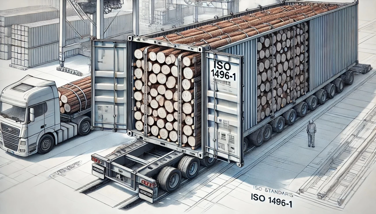 изображение специализированного контейнера для перевозки древесины по стандарту ISO 1496-1. Оно демонстрирует ключевые характеристики, включая крепление груза, вентиляцию и защиту от атмосферных воздействий, а также совместимость с различными видами транспорта.