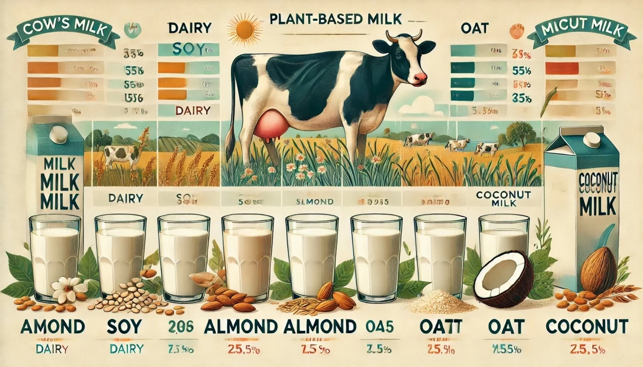 Изображение, сравнивающее традиционное коровье молоко с растительными альтернативами, такими как соевое, миндальное, овсяное и кокосовое молоко. Оно показывает различия в их составе и питательных свойствах.
