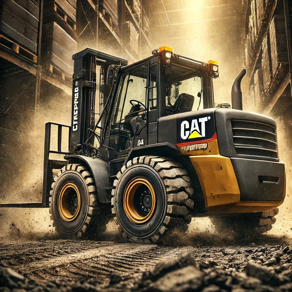 изображение мощного погрузчика Caterpillar, работающего в сложных промышленных условиях. Оно передает выносливость и надежность техники в экстремальных условиях.