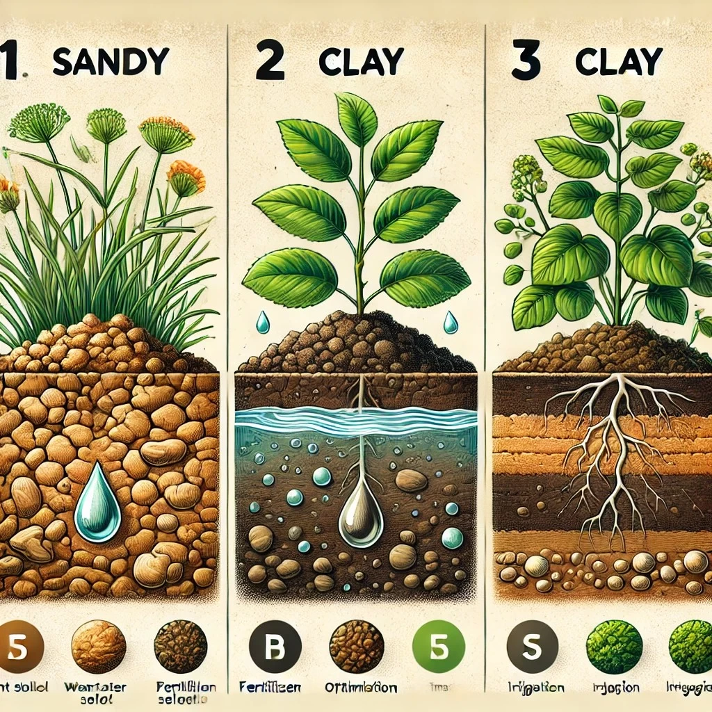 На изображении представлено образовательное иллюстрированное сравнение трех типов почвы, Песчаная почва, Глинистая почва, Суглинок