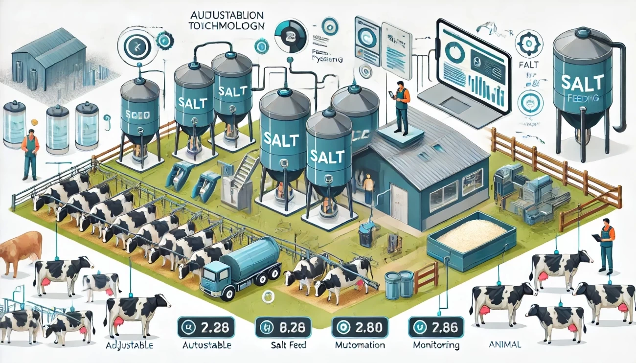 иллюстрация, демонстрирующая технологию автоматизации для современных систем кормления скота солью, с ключевыми компонентами, такими как регулируемые дозаторы, датчики мониторинга и возможности дистанционного управления. 