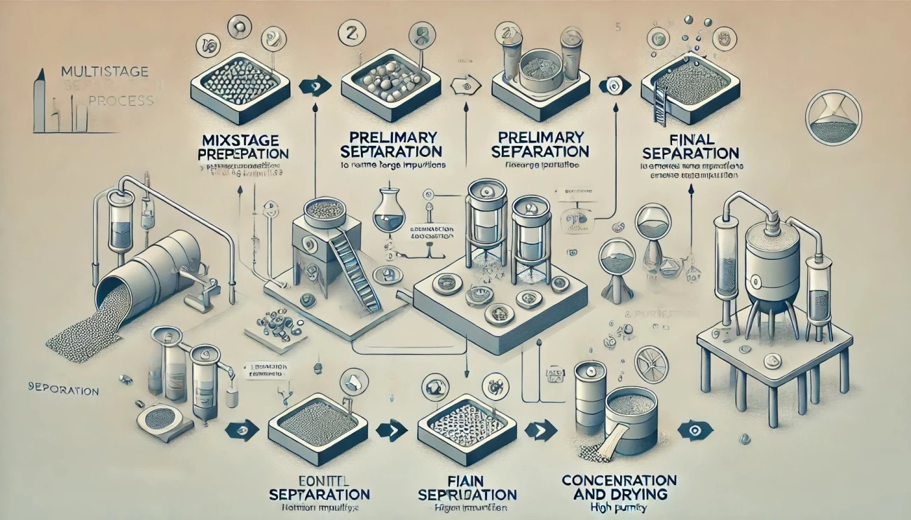инфографика, представляющая основные этапы многоступенчатой сепарации, начиная с подготовки смеси и завершая концентрацией и сушкой. Каждый этап обозначен своим блоком, с иконками и краткими подписями для визуального облегчения.