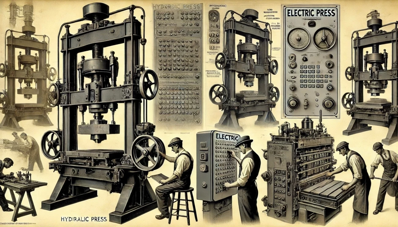 Изображение, иллюстрирующее развитие электрических и пневматических прессов в XX веке. Оно подчеркивает использование гидравлических прессов для мощных задач в металлургии и автомобильной промышленности, а также точность электрических прессов для более мелких процессов. 