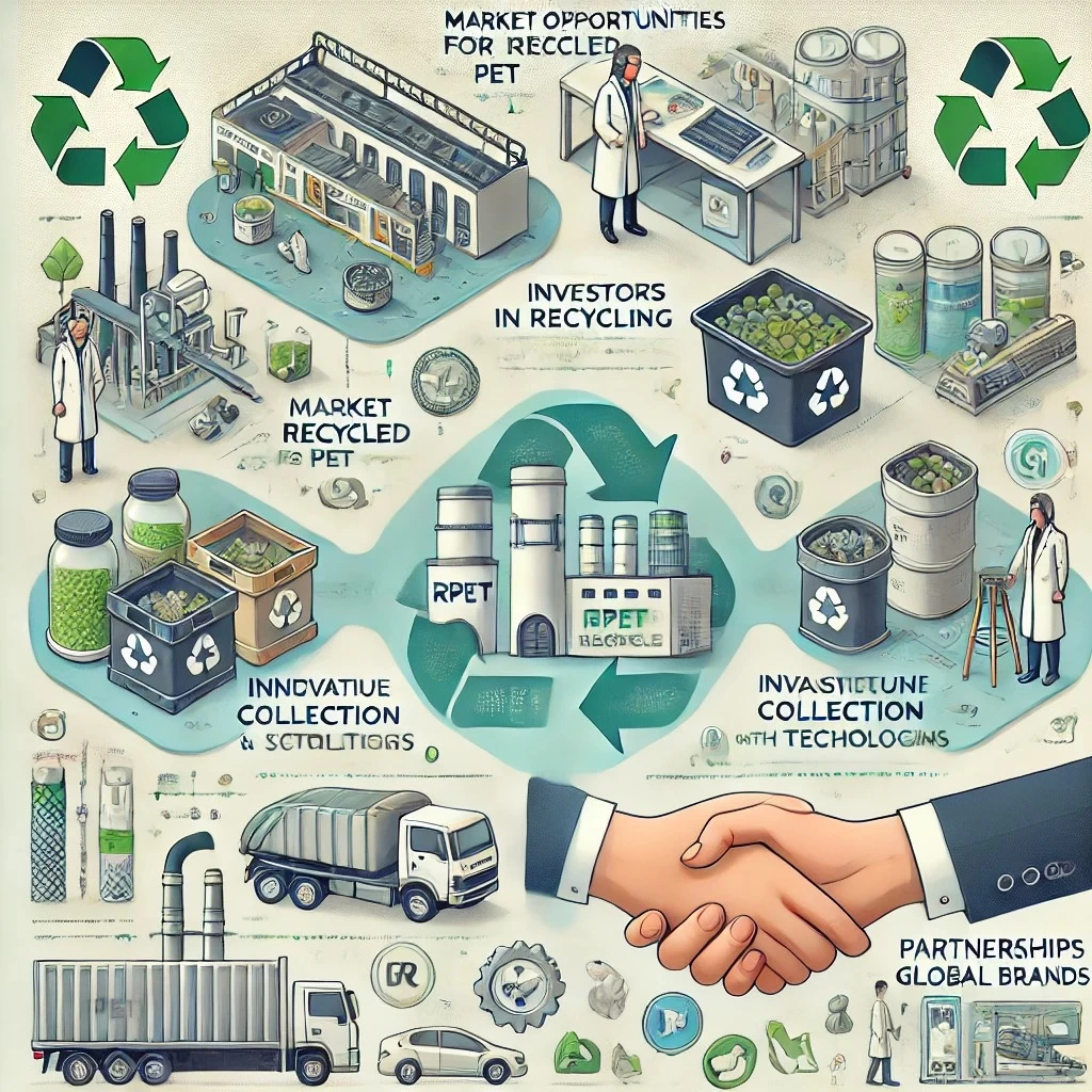Изображение, иллюстрирующее рыночные возможности для инвесторов в переработке ПЭТ. Оно визуально разделено на четыре секции, каждая из которых представляет ключевую область: производство rPET, инновационные технологии, инфраструктуру сбора отходов и партнерства с крупными брендами.