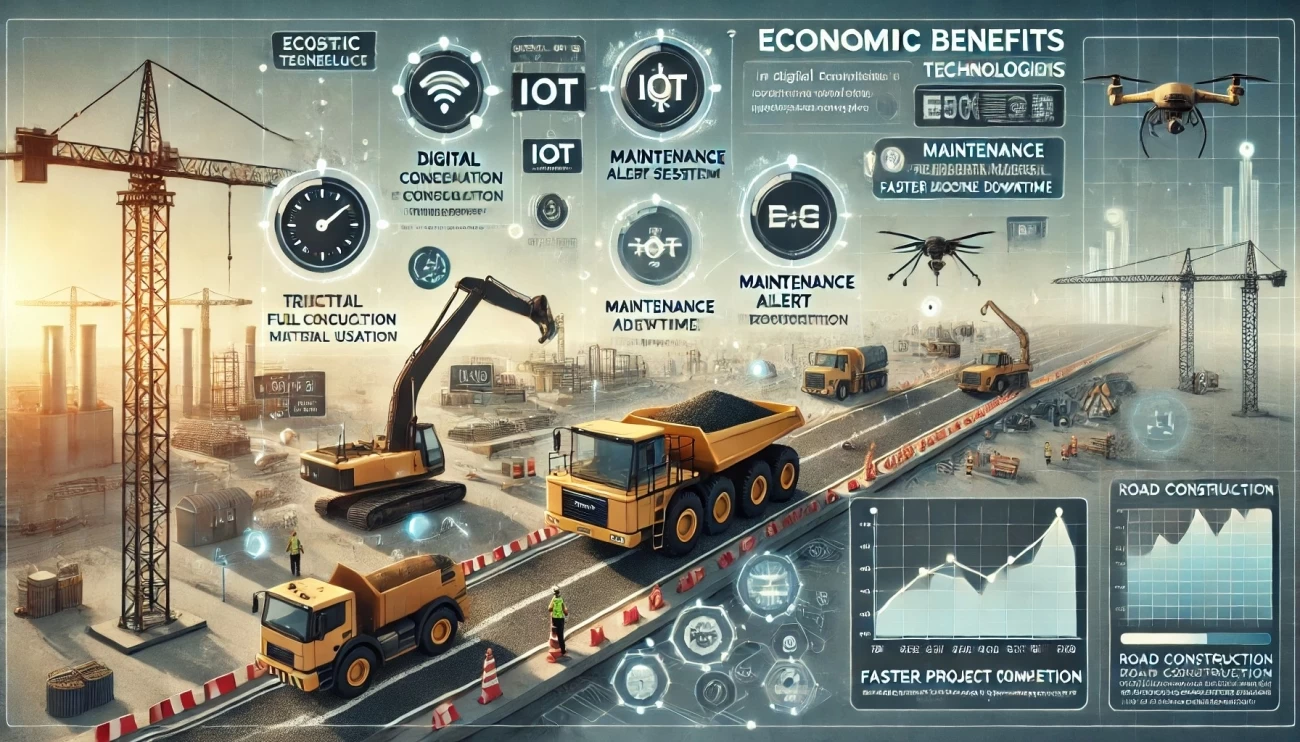 изображение, иллюстрирующее экономические выгоды цифровых технологий в дорожном строительстве. Оно включает ключевые элементы, такие как цифровые датчики мониторинга, автоматизированную технику, минимизацию простоев и ускорение строительных работ.