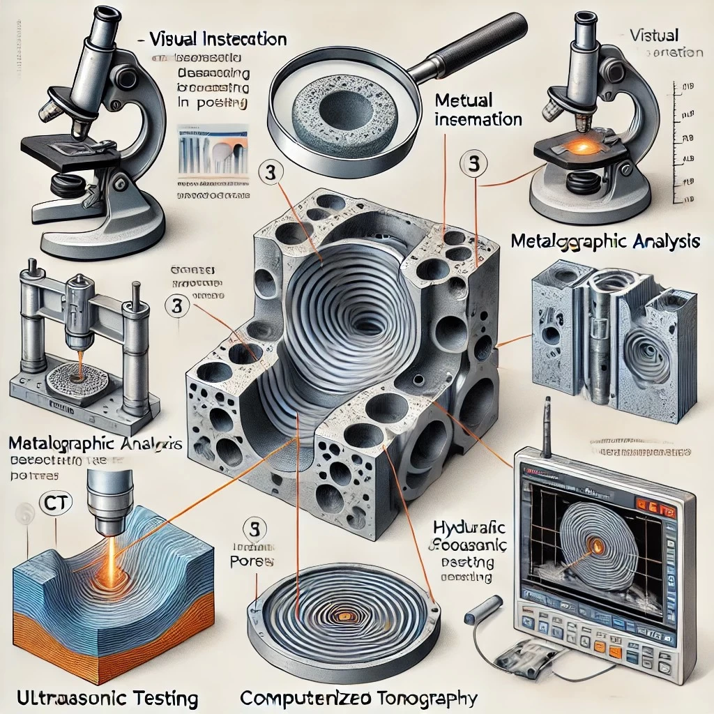 На изображении представлены различные методы диагностики пористости в отливках: Визуальный осмотр, Металлографический анализ, Рентгенографический контроль, Ультразвуковое тестирование, Компьютерная томография (КТ), Гидравлические и пневматические испытания