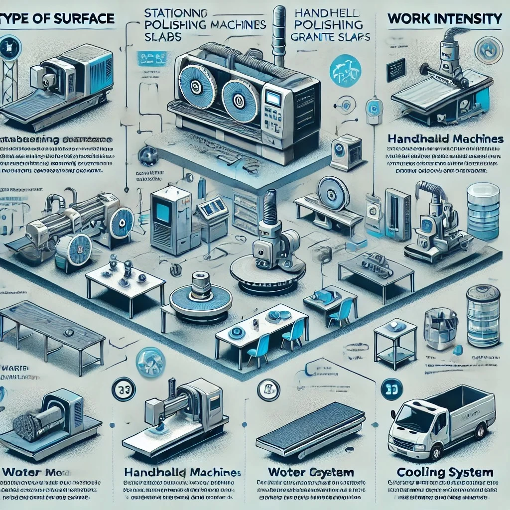 инфографика с рекомендациями по выбору оборудования для полировки гранита. В ней отражены три ключевых аспекта: тип обрабатываемой поверхности, интенсивность работы и система охлаждения.