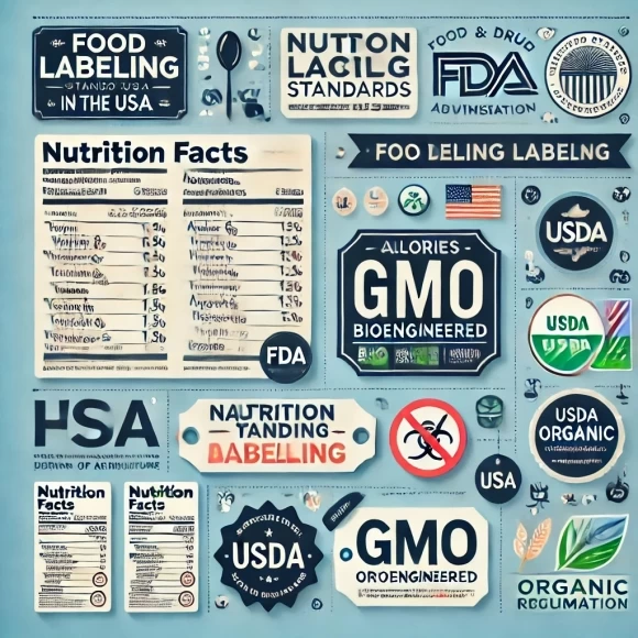 На изображении представлена инфографика, иллюстрирующая стандарты маркировки пищевых продуктов в США