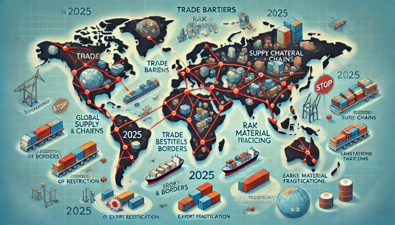 визуализация, демонстрирующая влияние торговых барьеров на глобальные цепочки поставок и ценообразование сырья в 2025 году.