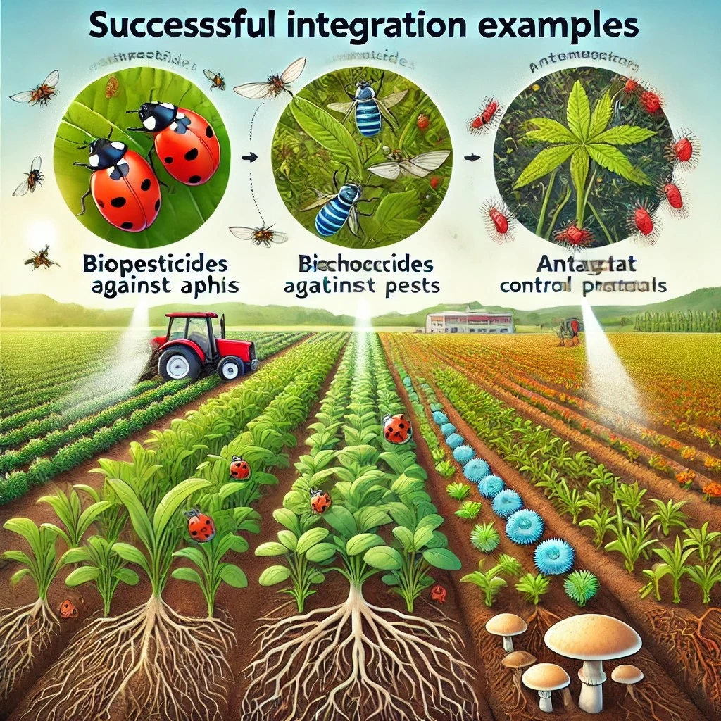 На изображении представлены три примера успешной интеграции методов защиты растений: В левой части показано поле, где используются химические инсектициды для первичного контроля вспышки тли. Рядом изображены божьи коровки, символизирующие использование энтомофагов, которые обеспечивают долгосрочный биологический баланс. В центральной части изображены растения с корнями, которые взаимодействуют с триходермой — биологическим агентом, укрепляющим иммунитет растений. Над растениями виден распылитель фунгицида, направленный на уничтожение существующих патогенов. В правой части изображено поле с рядами разных культур, иллюстрирующее принцип севооборота. Подчёркнуто использование антагонистических микроорганизмов для борьбы с нематодами, что обеспечивает здоровье почвы и защиту растений.
