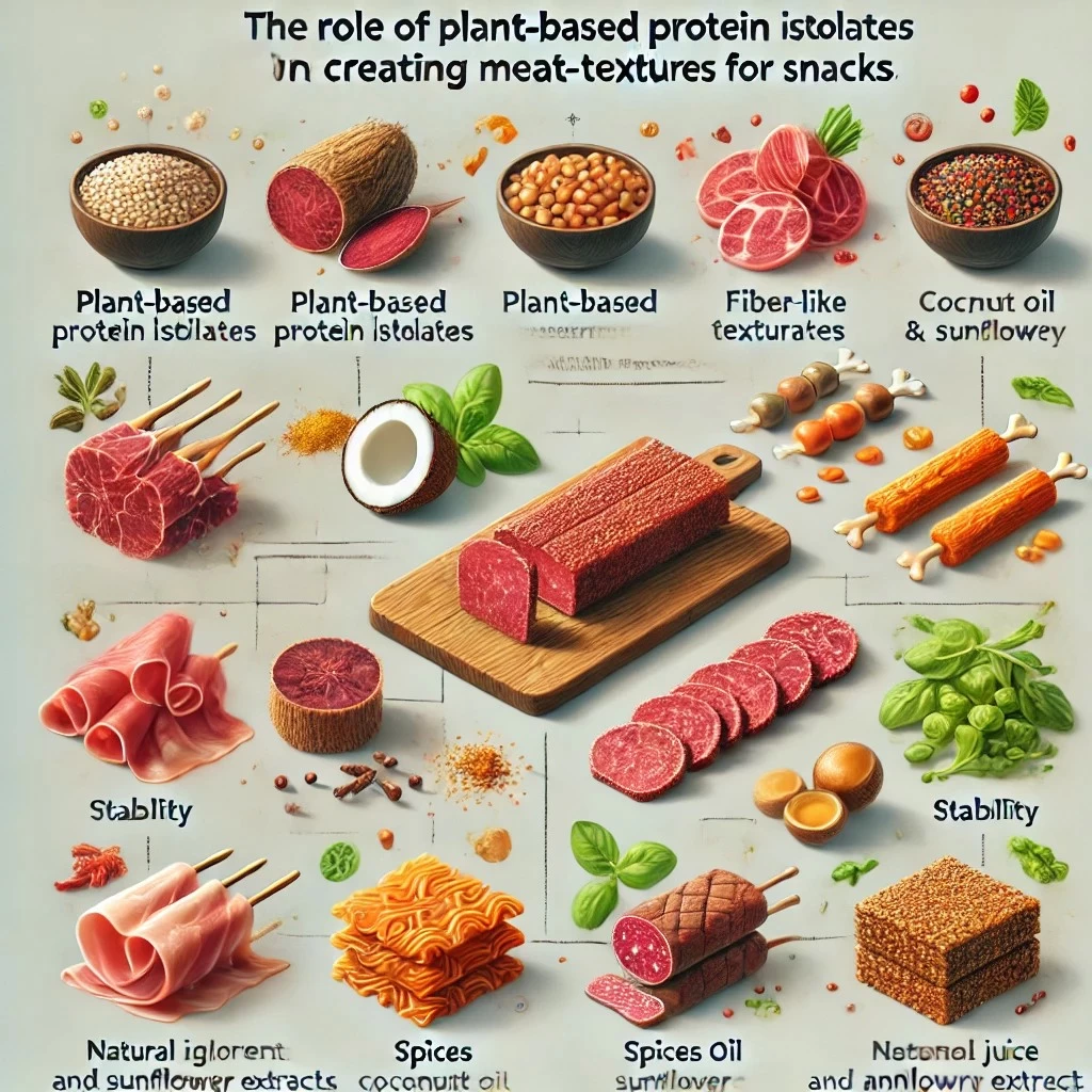 изображение, иллюстрирующее роль изолятов и текстуратов в создании мясоподобной текстуры для растительных снеков. 