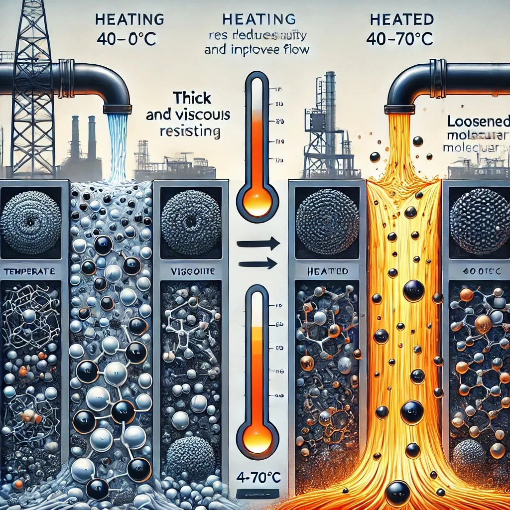 На изображении представлена визуализация процесса подогрева нефти и его влияния на вязкость и текучесть. Слева изображена нефть с высокой вязкостью: плотная структура молекул, которая затрудняет её перемещение. Справа показана подогретая нефть, где межмолекулярные связи ослаблены, что делает нефть более текучей и облегчает её транспортировку. На иллюстрации также отмечены температурные показатели (40–70 °C) и указаны стрелки, которые визуально показывают улучшение динамики потока благодаря подогреву. Этот графический материал подходит для технического или образовательного контекста.